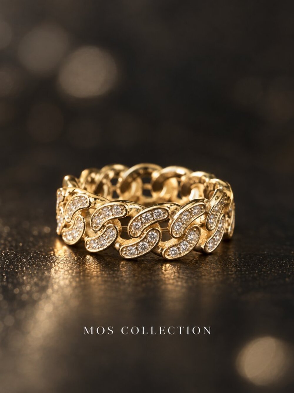 18K Gold CZ Crystal Cuban Link Statement Ring Chunky Chain Size 8 MOS COLLECTION